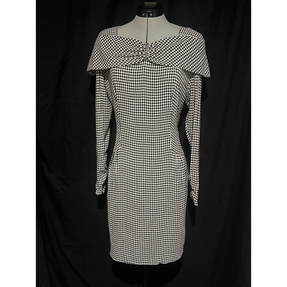 Vintage 80s-90s Nicole Miller Women's Woven Houndstooth PinUp Fitted Dress Sz 6